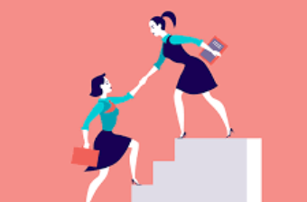 Illustration of two women in stairs, the one two steps above has turned to help the one following up. They both hold tablets.