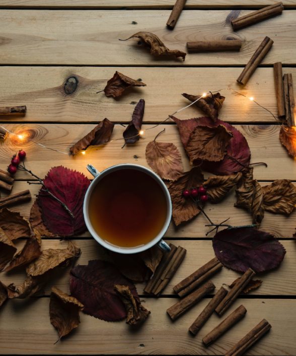 A photo of a cup of tea with autumnal leaves and cinnamon sticks and fairy lights,