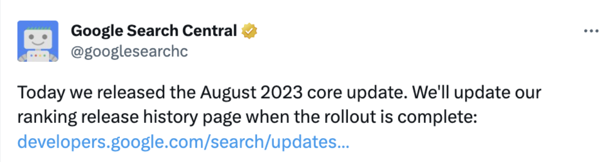 Screenshot of Google Core Algorithm Update announcement on their official Twitter account.