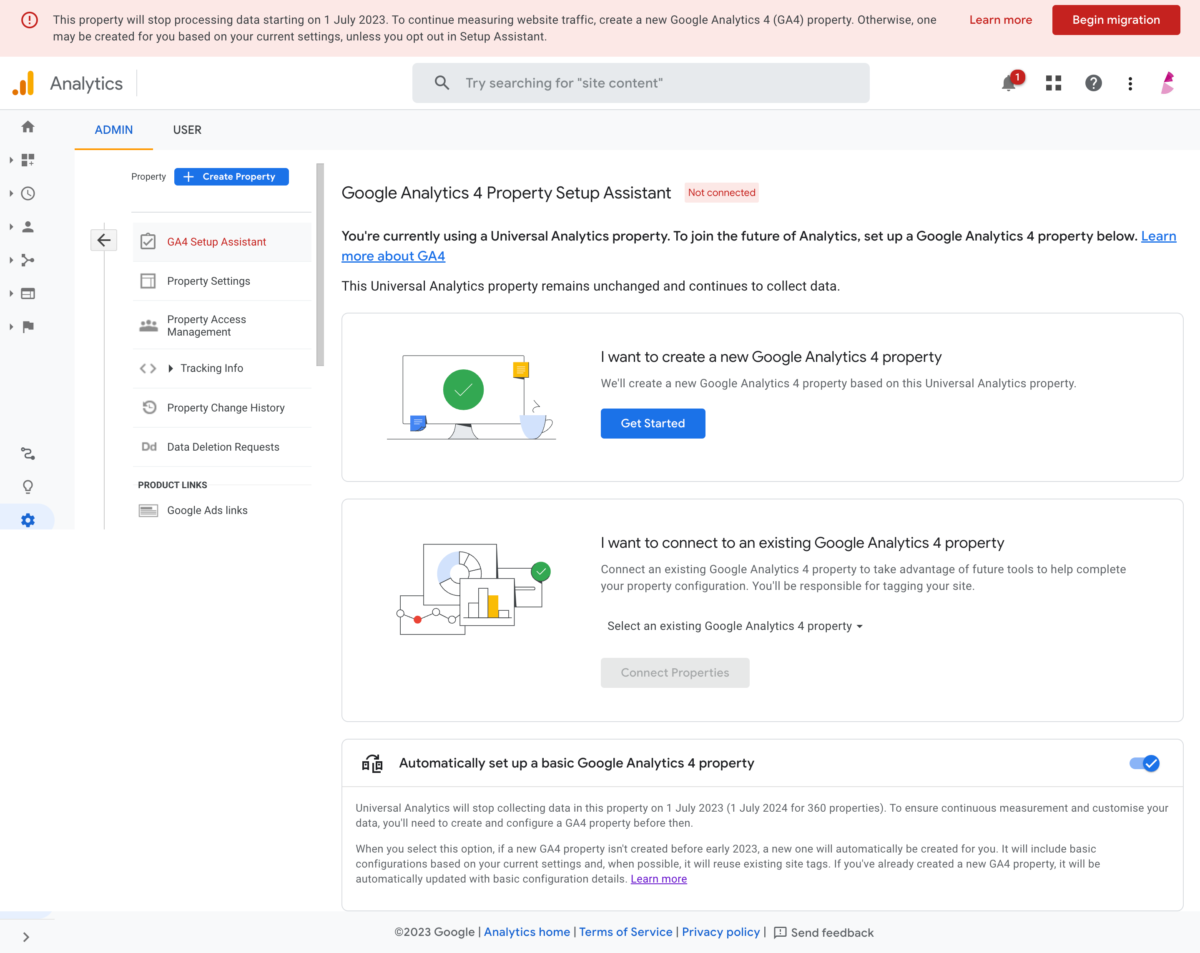 Screenshot showing the GA4 Setup Assistant settings on UA for connecting to GA4