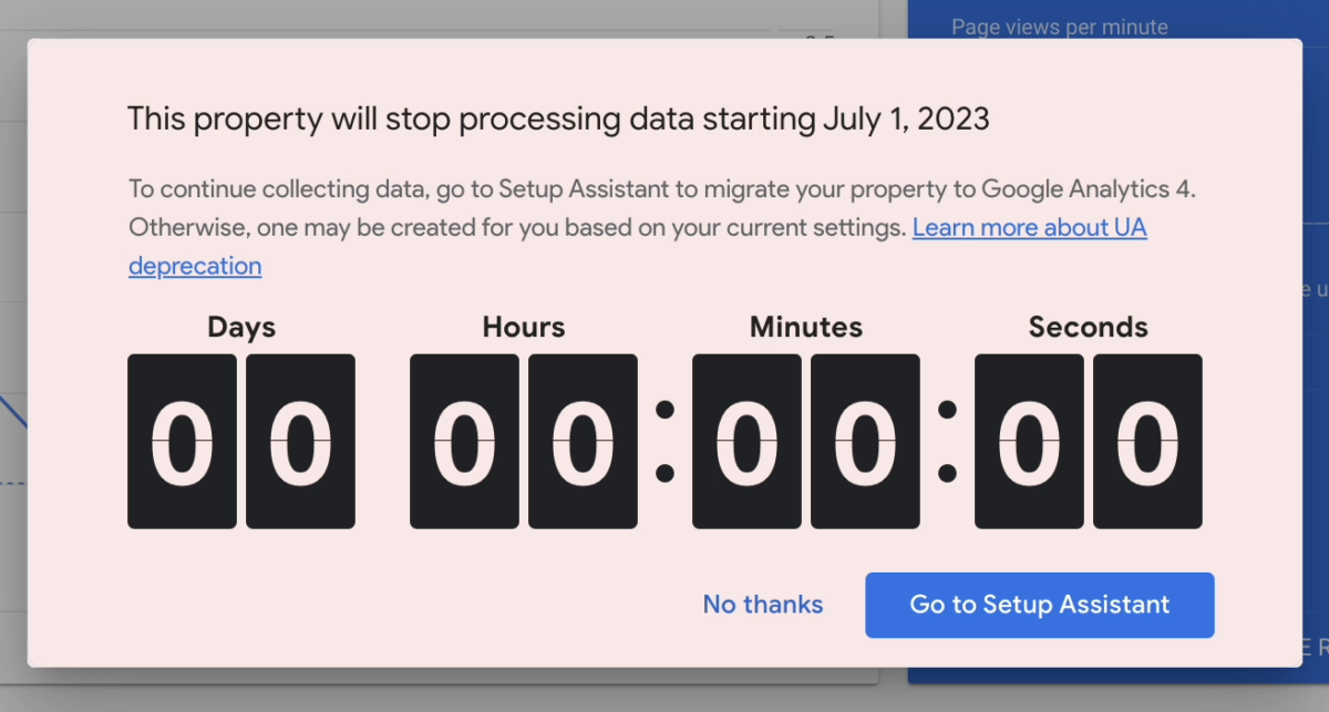 The UA to GA4 migration timer countdown at 0:00:00