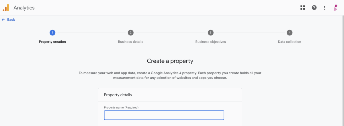 Screenshot showing the 4 step process for creating a GA4 property.