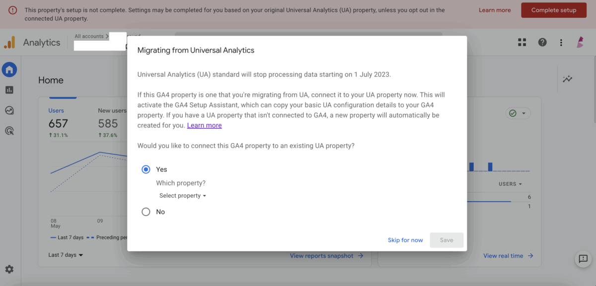 Screenshot of a UA admin screen with a popup showing a message about linking UA and GA4 properties.
