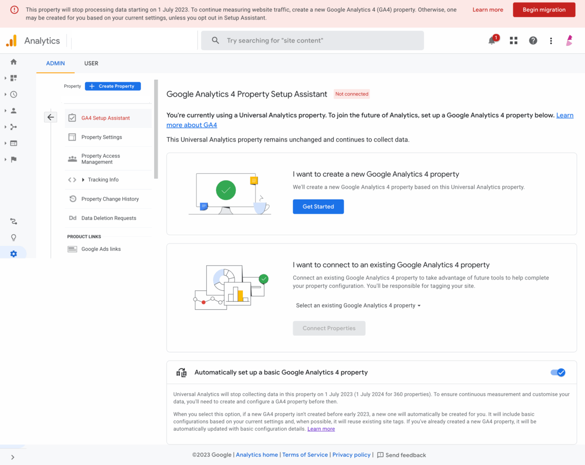 Screenshot showing the GA4 Setup Assistant settings on UA for connecting to GA4