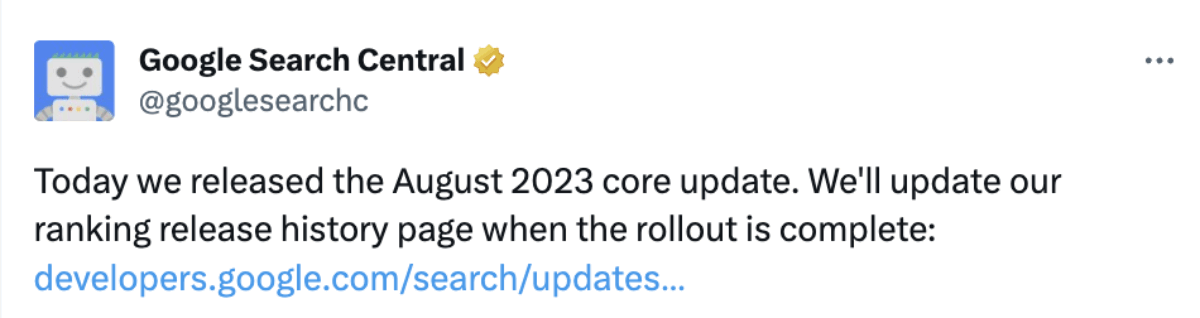 Screenshot of Google Core Algorithm Update announcement on their official Twitter account.